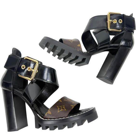 Louis Vuitton Star Trail Monogram Glazed Leather Sandals Black Size 37 - Picture 7 of 10
